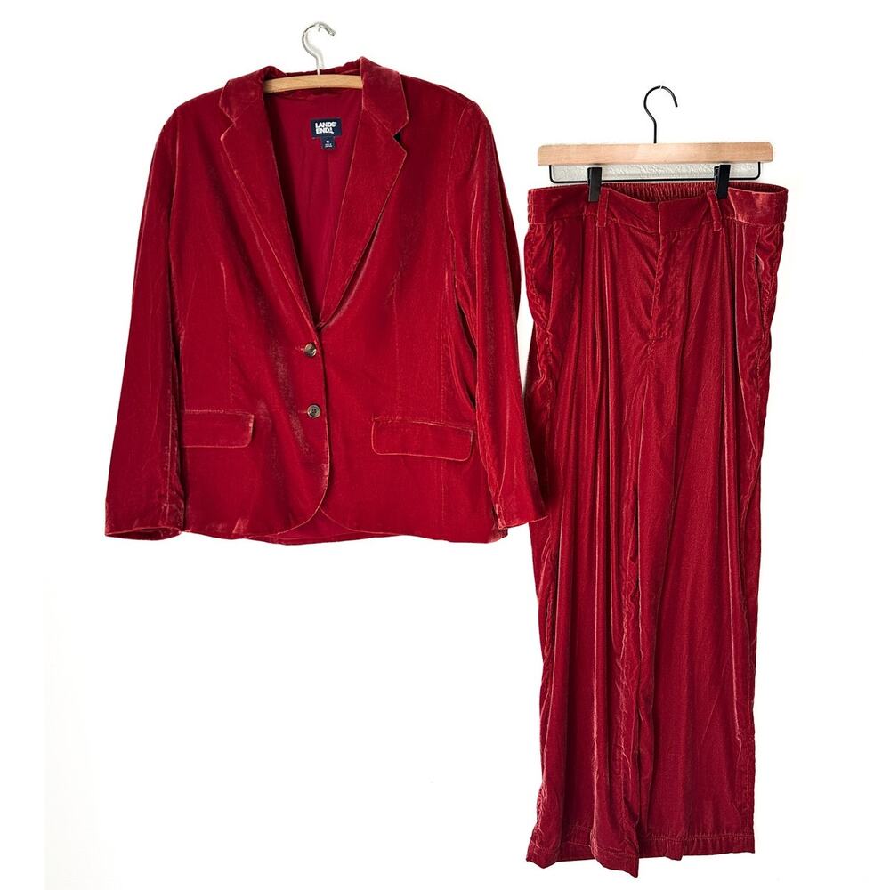 Lands End Red Velvet Suit Set Blazer Pants 14 Holiday Wedding Guest Party Luxe